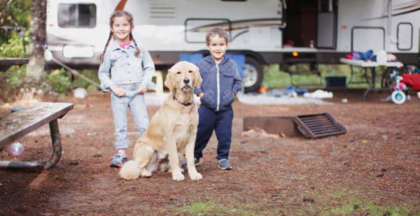 two children and a golden retriever posing while smiling at a campsite