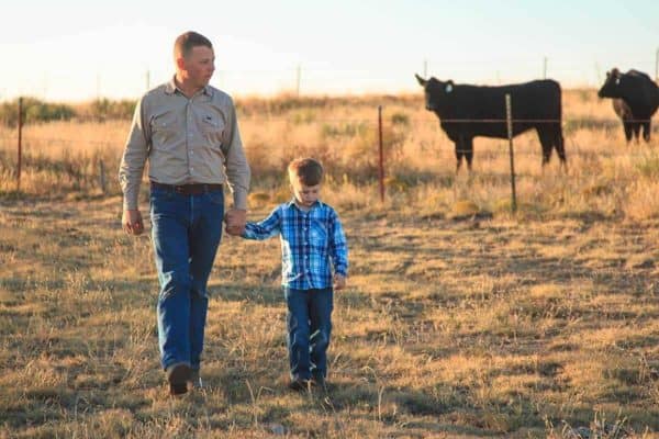 rancher and young son look at cattle